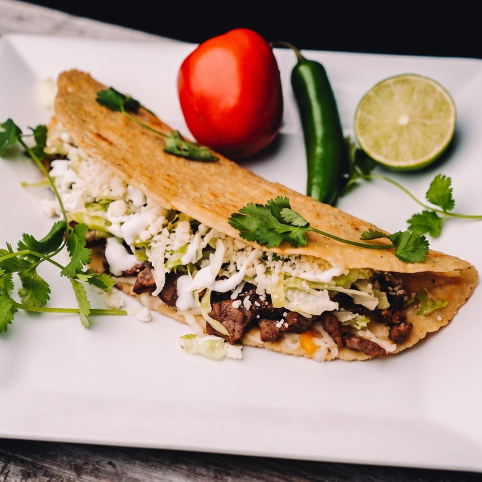 A beef quesadilla with lettuce, cheese, and sour cream, garnished with cilantro, tomato, jalapeño, and lime.