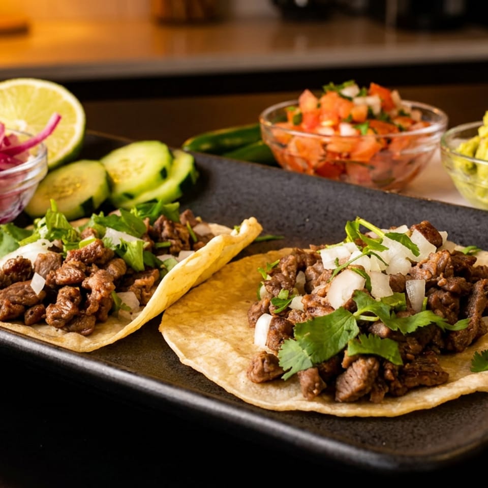 Two street tacos with beef, cilantro, and onions, alongside guacamole, pico de gallo, and pickled onions.