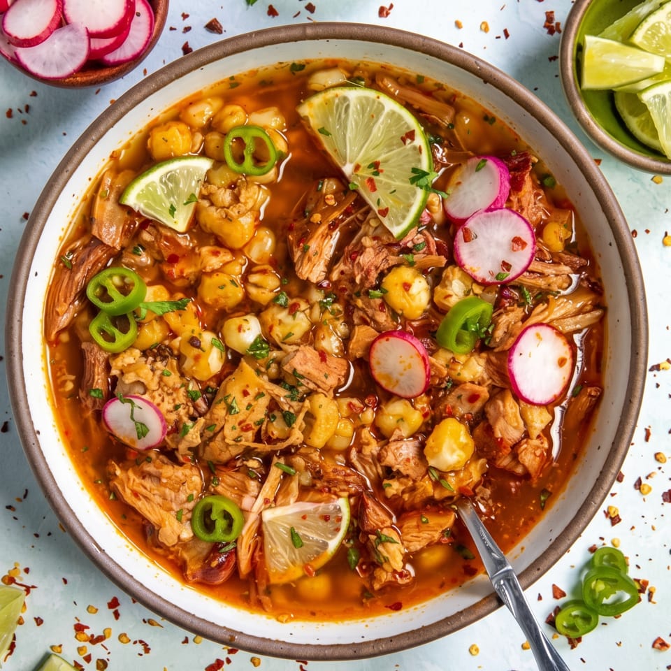 Overhead view of a bowl of pozole with radishes, limes, and cilantro on a light blue surface.