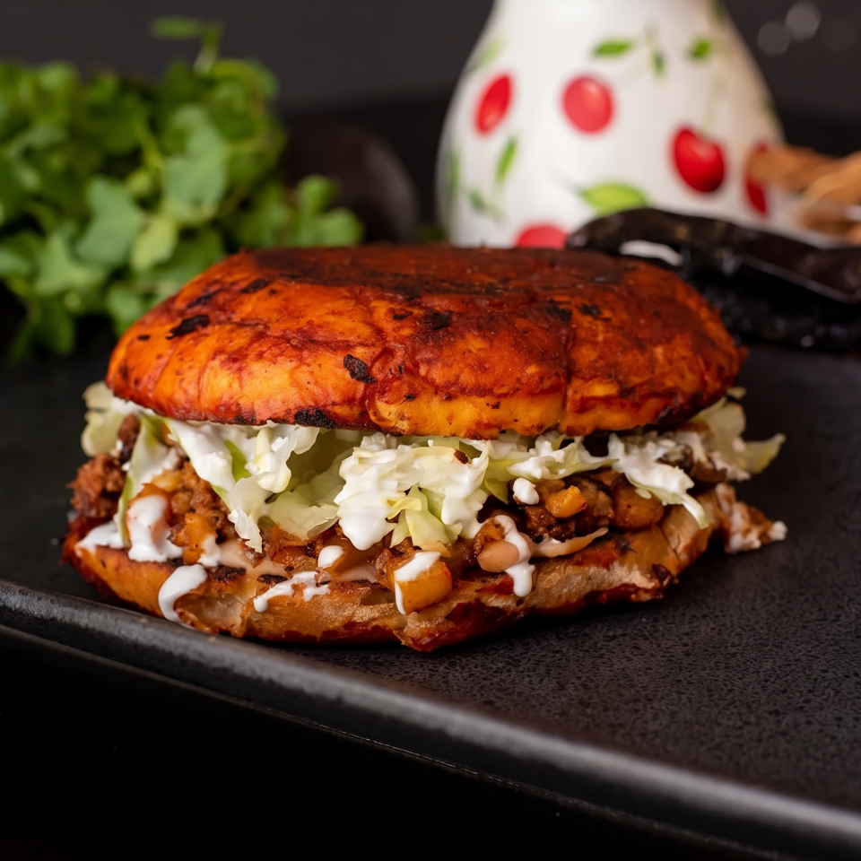 A pambazo sandwich with lettuce, meat, and crema on a black plate with ingredients in the background.