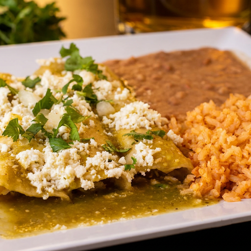 Green enchiladas topped with cheese and cilantro, served with refried beans and Spanish rice.