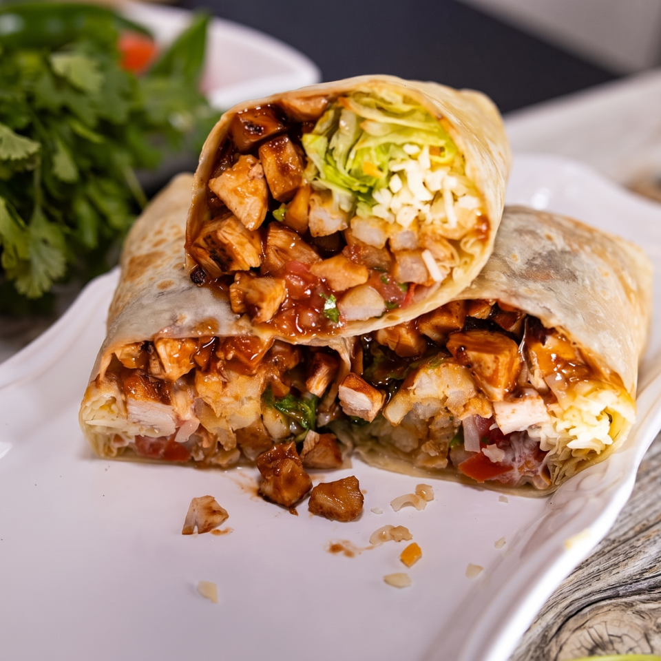 A large burrito, cut in half, filled with chicken, rice, lettuce, and sauce on a white plate.