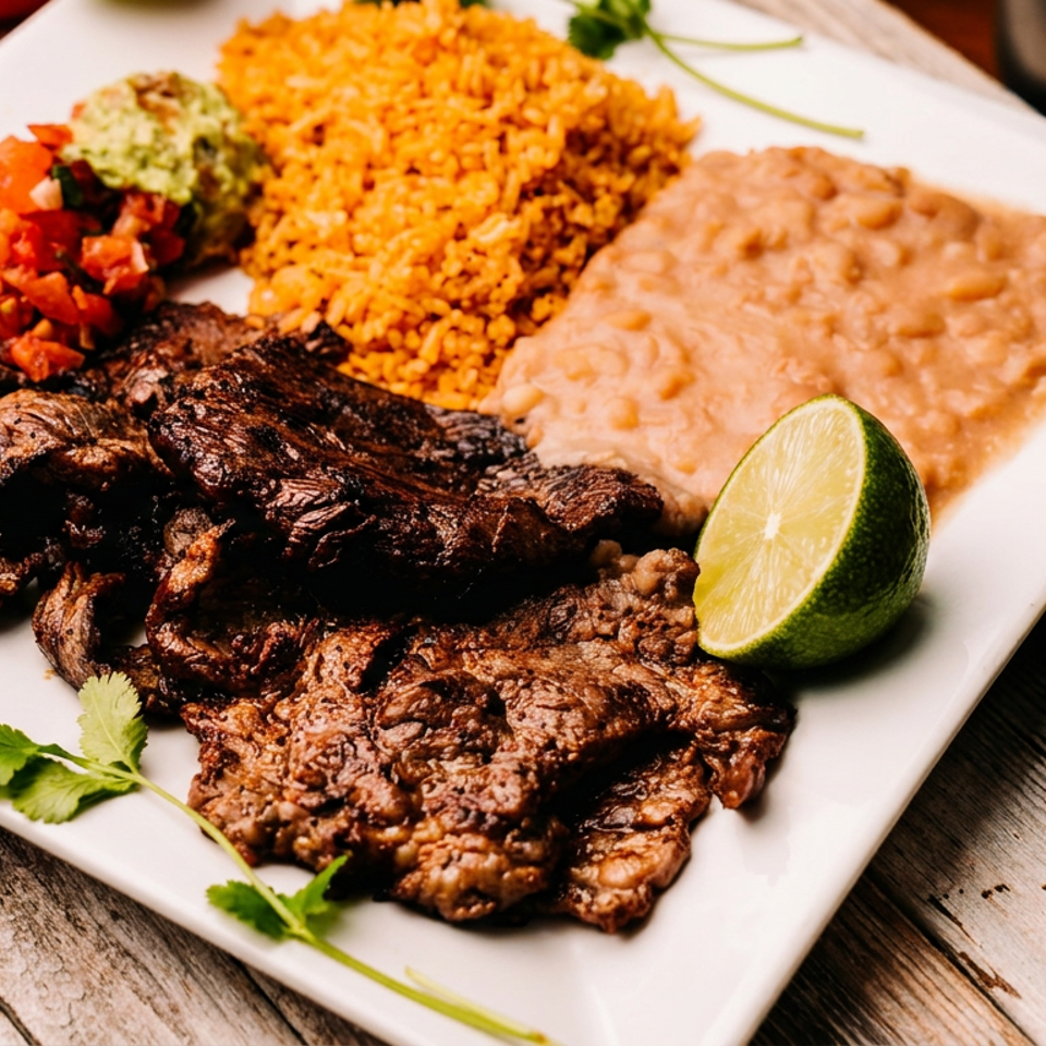 Grilled steak with rice, beans, pico de gallo, guacamole, and a lime on a white plate.
