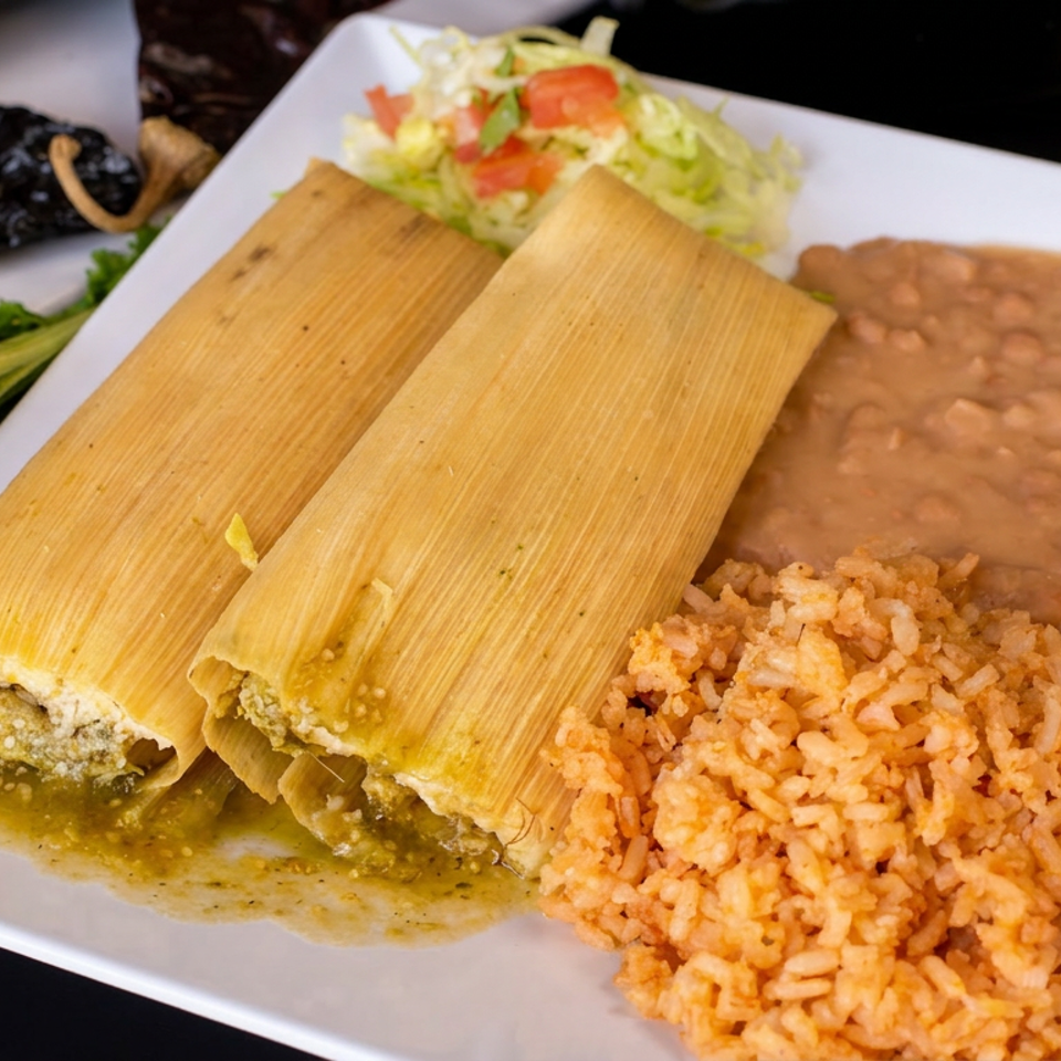 Two tamales with green sauce, Spanish rice, refried beans, and salad on a white plate.