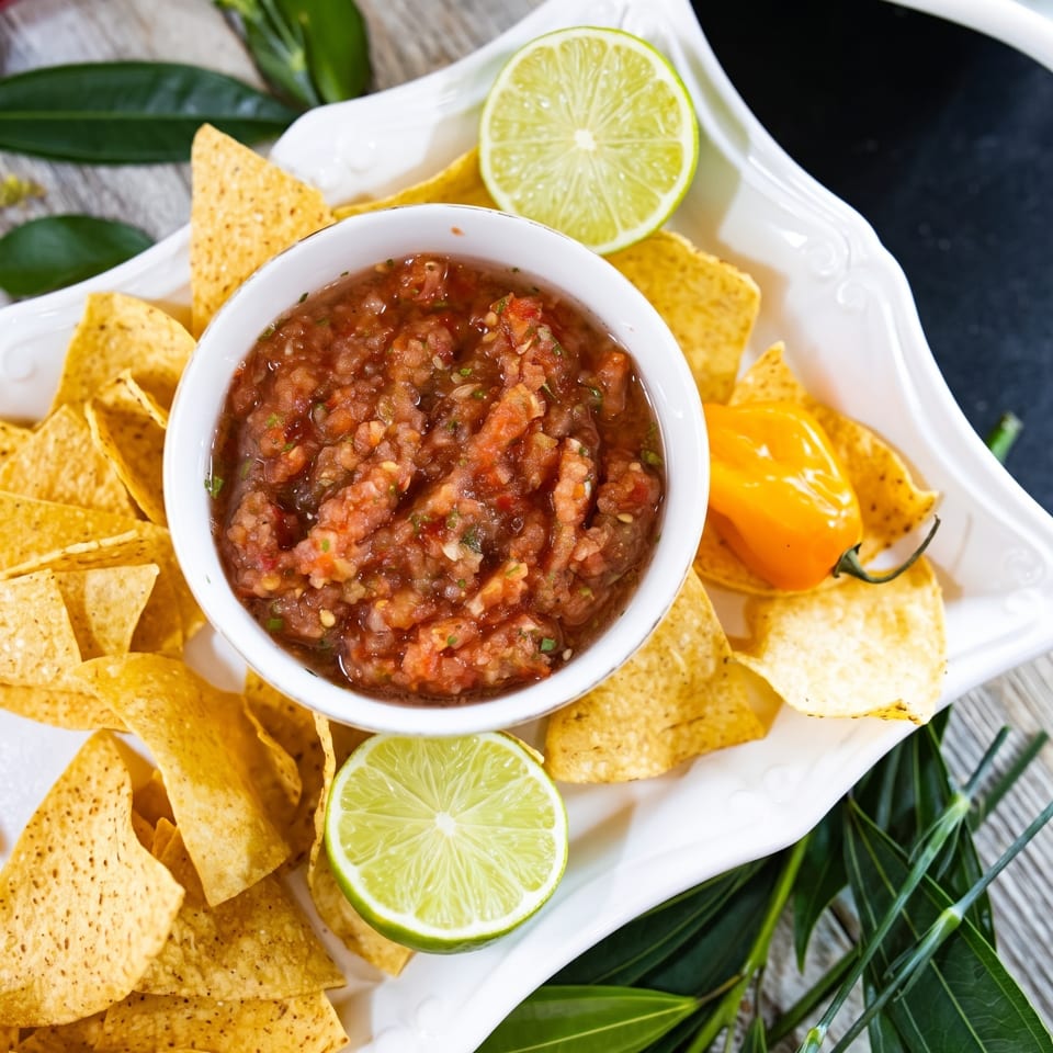 A white platter of tortilla chips with a bowl of salsa and lime slices.