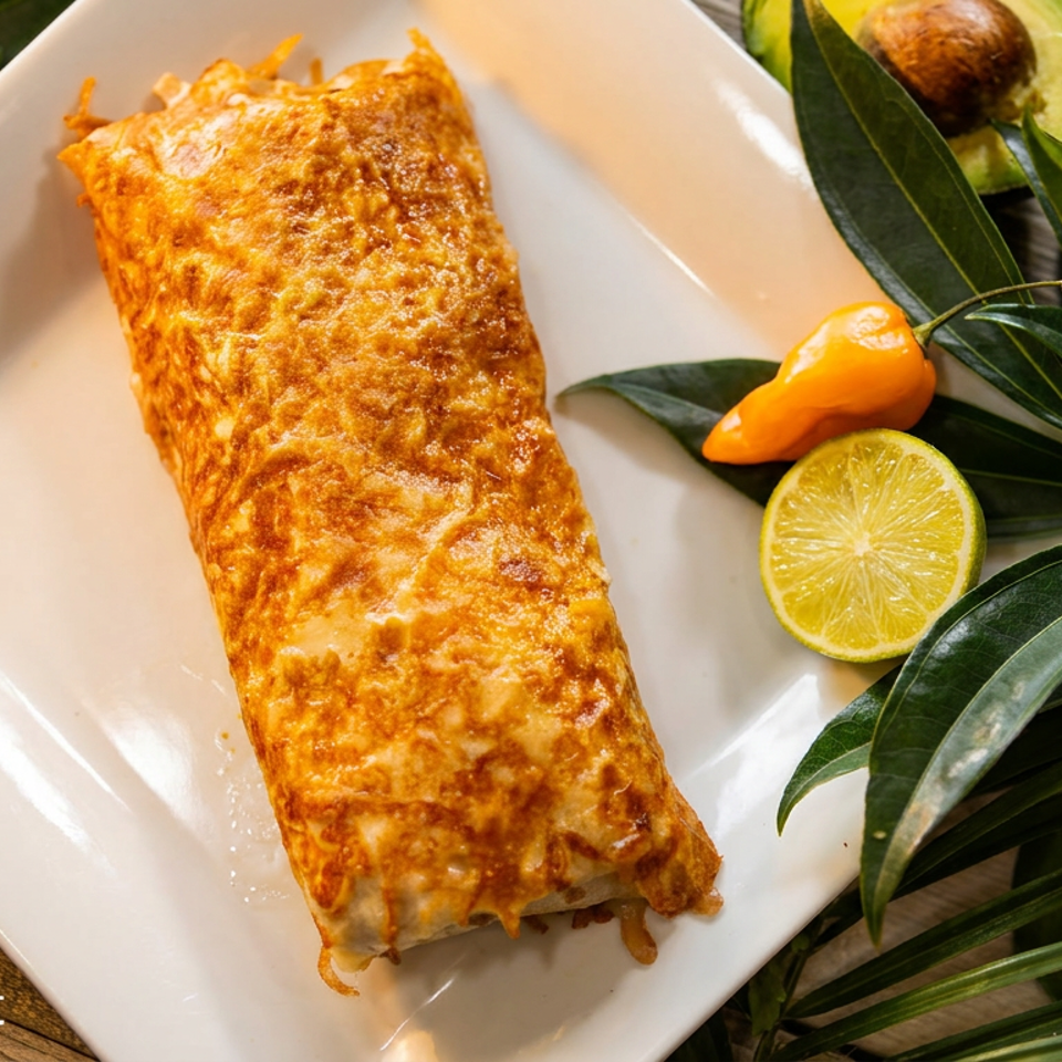 Golden-brown cheese-covered burrito on a white plate with lime, pepper, and avocado.