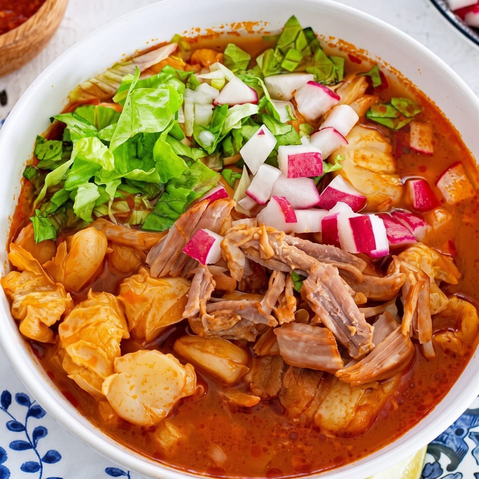 A bowl of pozole rojo with shredded pork, hominy, lettuce, and radishes, garnished with lime.