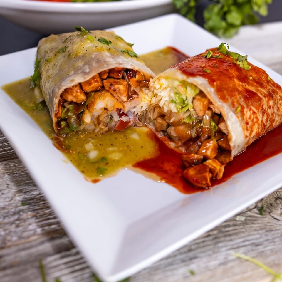 Two burritos, one with green sauce and one with red sauce, cut in half on a white plate.